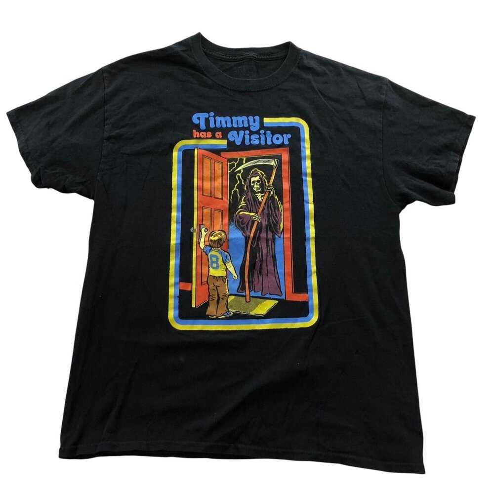 Stevern Rhodes Mens T-Shirt Large Black Classic Timmy Has A Visitor Graphic Tee